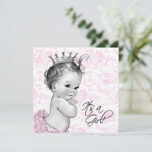 Roze  Toile Baby Meisje Douche Kaart (Staand voorkant)