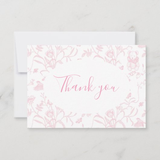 Roze Toile Beer Baby shower Meisje Dank u kaart (Voorkant)