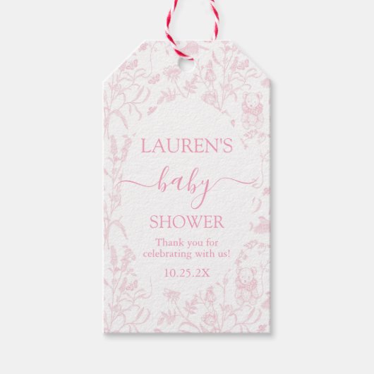 Roze Toile Beer Baby shower Meisje Gift Label Cadeaulabel (Voorkant)