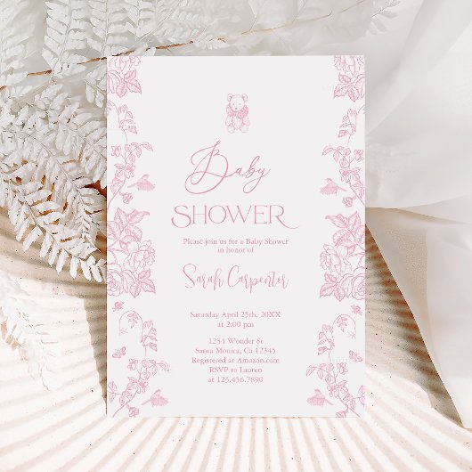 Roze Toile Beer Baby shower Meisje Invitation Kaart