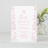 Roze Toile Beer Baby shower Meisje Invitation Kaart (Staand voorkant)