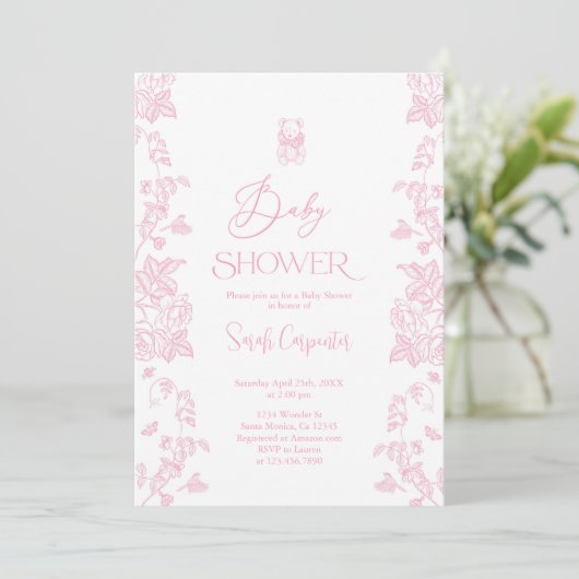 Roze Toile Beer Baby shower Meisje Invitation Kaart (Staand voorkant)