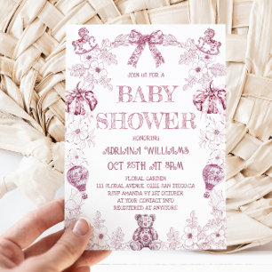 Roze Toile Beer Bloemen Meisje Baby shower Kaart
