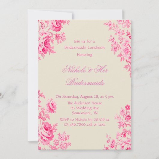  Roze Toile Bloem Bruidsmeisjes Luncheon Kaart (Voorkant)