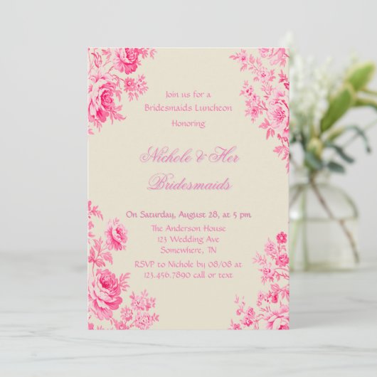  Roze Toile Bloem Bruidsmeisjes Luncheon Kaart (Staand voorkant)