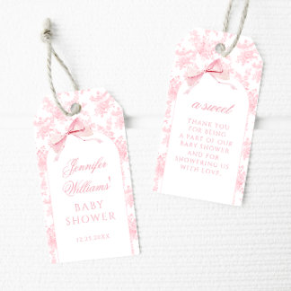 Roze Toile Bloemboog Baby Meisje Shower Bedankt Cadeaulabel