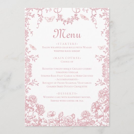 Roze Toile Bloemen Chinoiserie Trouwmenu Menu (Voorkant)