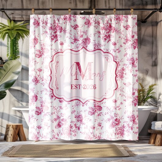 Roze Toile Bloemendessin met Monogram Douchegordijn