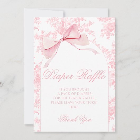 Roze Toile Bow Baby Meisje Douche Luier Raffle Sig Kaart (Voorkant)