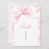 Roze Toile Bow Baby Meisje Douche Tafel Nummer Tek Kaart (Voorkant)