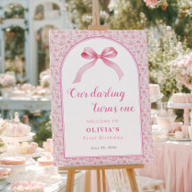 Roze Toile Coquette Bow 1st Verjaardag Meisje