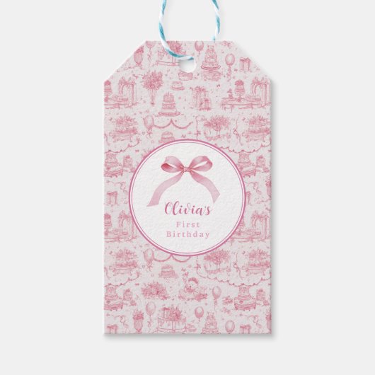Roze Toile Coquette Bow 1st Verjaardag Meisje Cadeaulabel (Voorkant)