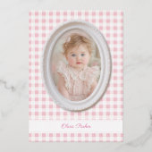 Roze Toile Coquette Bow 1st Verjaardag Meisje Folie Uitnodiging (Achterkant)