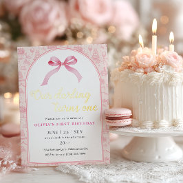 Roze Toile Coquette Bow 1st Verjaardag Meisje Folie Uitnodiging