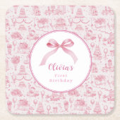 Roze Toile Coquette Bow 1st Verjaardag Meisje Kartonnen Onderzetters (Voorkant)