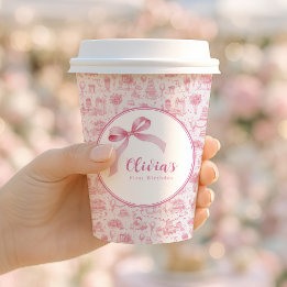 Roze Toile Coquette Bow 1st Verjaardag Meisje Papieren Bekers