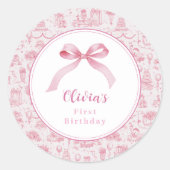 Roze Toile Coquette Bow 1st Verjaardag Meisje Ronde Sticker (Voorkant)