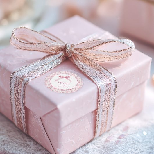 Roze Toile Coquette Bow 1st Verjaardag Meisje Ronde Sticker