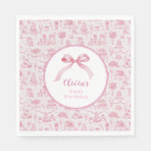 Roze Toile Coquette Bow 1st Verjaardag Meisje Servet (Voorkant)