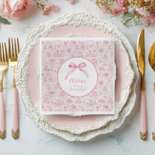 Roze Toile Coquette Bow 1st Verjaardag Meisje Servet