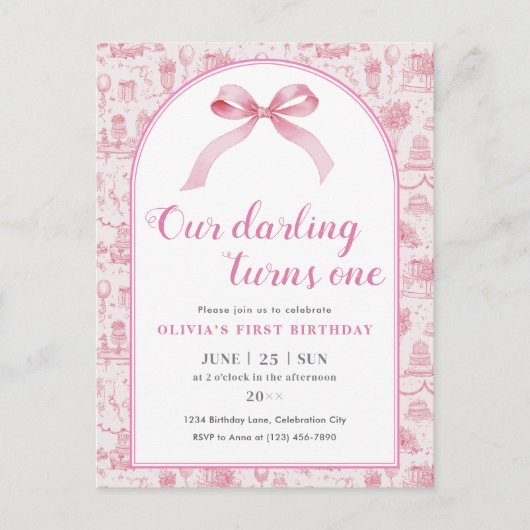 Roze Toile Coquette Bow 1st Verjaardag Meisje Uitnodiging Briefkaart (Voorkant)