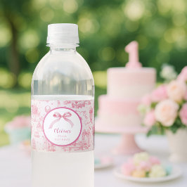 Roze Toile Coquette Bow 1st Verjaardag Meisje Waterfles Etiket