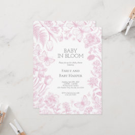 Roze Toile de Jouy Baby in Bloom Baby shower Kaart