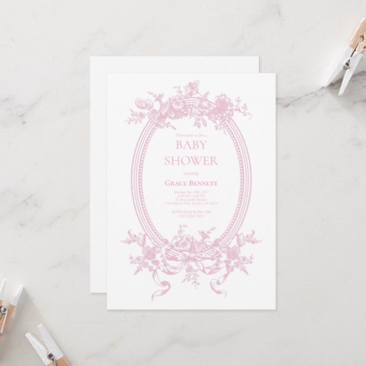 Roze Toile de Jouy Baby shower Kaart (Voorkant / Achterkant in situ)