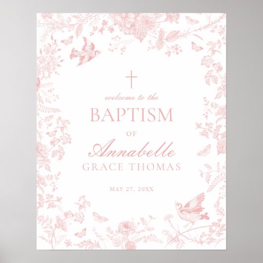 Roze Toile De Jouy Bloemen Doop Welkom Bord Poster (Voorkant)