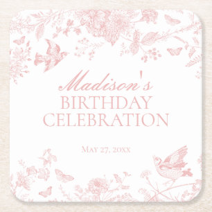 Roze Toile de Jouy  Bloemen Verjaardag Kartonnen Onderzetters