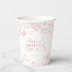 Roze Toile de Jouy Bloemen Verjaardagsfeest Papieren Bekers