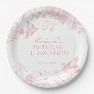 Roze Toile de Jouy  Bloemen Verjaardagsfeest Papieren Bordje