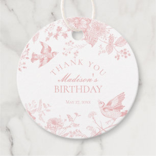 Roze Toile de Jouy Bloemen Verjaardagsfeestje Favo Bedankjes Labels