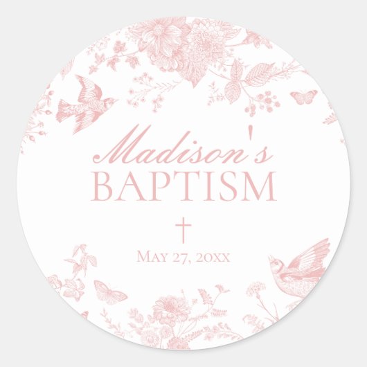 Roze Toile de Jouy Bloemendoop Ronde Sticker (Voorkant)