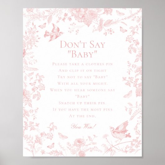 Roze Toile de Jouy Dont Say Baby shower Game Poster (Voorkant)
