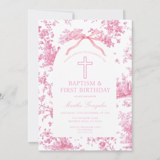 Roze Toile de Jouy Doop & Eerste Verjaardag Strik  Kaart (Voorkant)