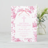 Roze Toile de Jouy Doop & Eerste Verjaardag Strik  Kaart (Staand voorkant)