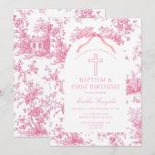 Roze Toile de Jouy Doop & Eerste Verjaardag Strik  Kaart (Voorkant / Achterkant)