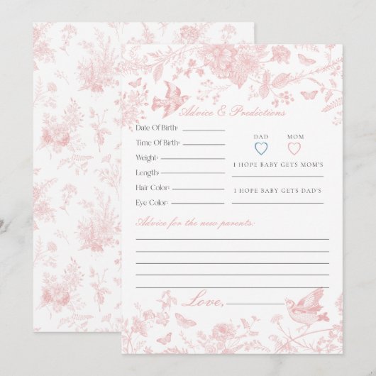 Roze Toile De Jouy Floral Advies voor Baby Kaart (Voorkant / Achterkant)