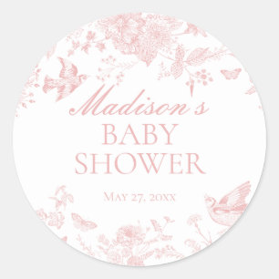 Roze Toile De Jouy  Floral Baby shower Ronde Sticker