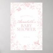 Roze Toile de Jouy Floral Baby shower Welkomstbord Poster (Voorkant)
