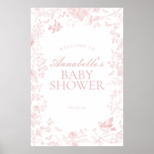 Roze Toile de Jouy Floral Baby shower Welkomstbord Poster (Voorkant)