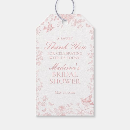Roze Toile De Jouy Floral Vrijgezellenfeest Favors Cadeaulabel (Voorkant)