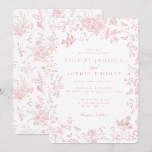 Roze Toile de Jouy Franse Bloemen Huwelijk Kaart (Voorkant / Achterkant)