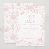 Roze Toile De Jouy Franse Bloemen Save the Date Kaart (Voorkant / Achterkant)