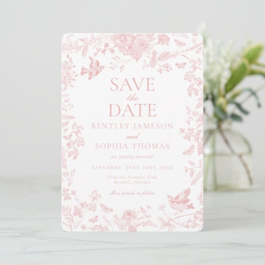Roze Toile De Jouy Franse Bloemen Save the Date Kaart (Staand voorkant)