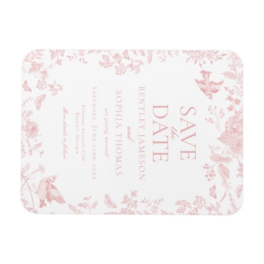 Roze Toile De Jouy Franse Bloemen Save the Date Magneet (Horizontaal)