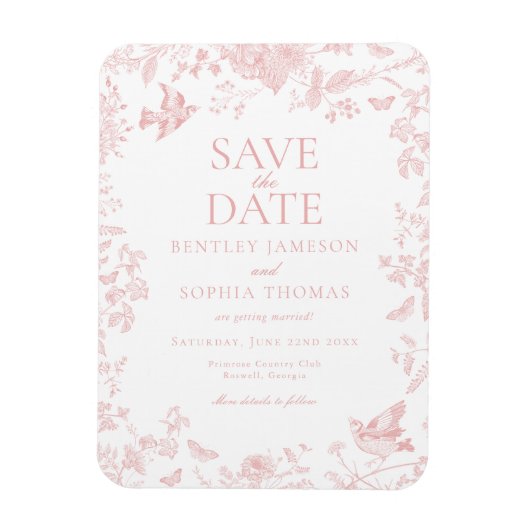 Roze Toile De Jouy Franse Bloemen Save the Date Magneet (Verticaal)