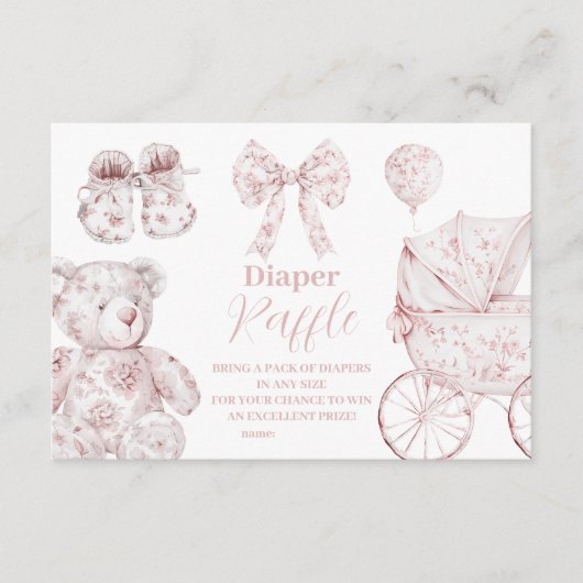 Roze Toile De Jouy Toys Baby shower Diapper Raffle Informatiekaartje (Voorkant)