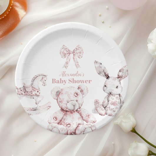 Roze Toile De Jouy Toys Baby shower Papieren Bordje